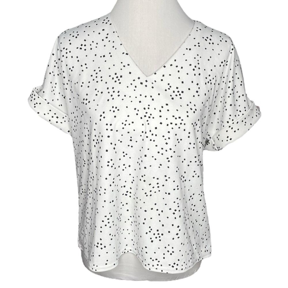 ModCloth Melloday Square Dots Short Sleeve Blouse with Back Zipper White Medium
